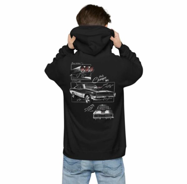 Rear view of man wearing Classics for a Cause black hoodie