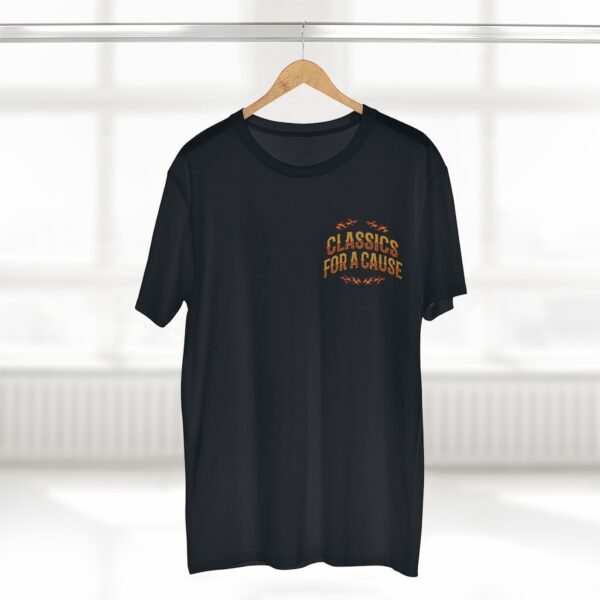 Classics for a Cause black t-shirt on hanger